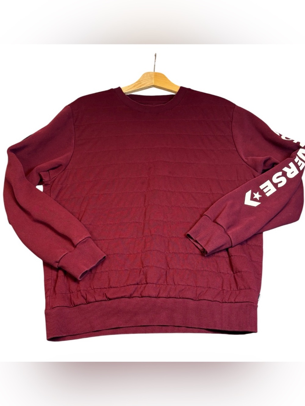 Converse Men's Quilted Crewneck Sweatshirt Burgundy Large Sleeve Logo GUC